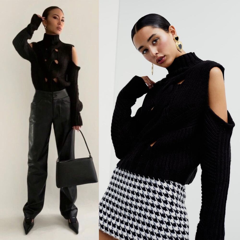 For Love & Lemons Keke Cut Out Black Turtleneck Sweater Size Small
